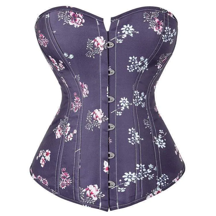 Damen Gothic Blumendruck Riemchen Overbust Korsett Lila