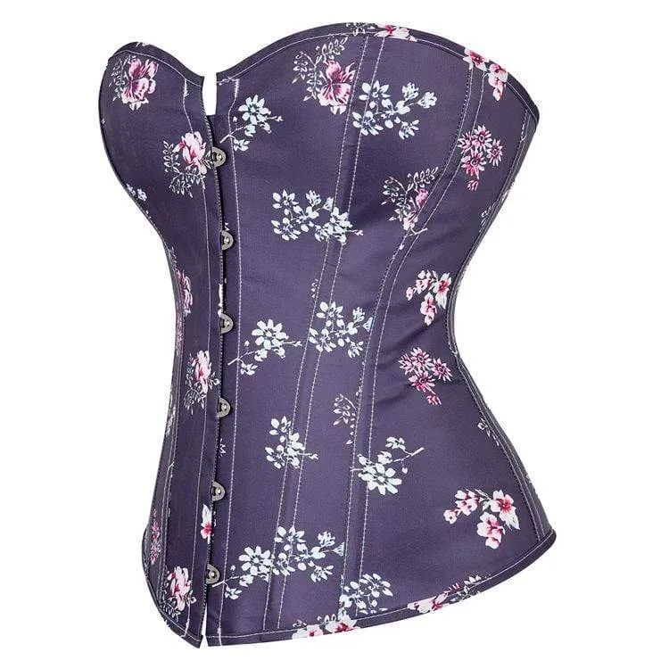 Damen Gothic Blumendruck Riemchen Overbust Korsett Lila