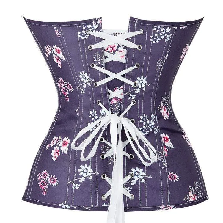 Damen Gothic Blumendruck Riemchen Overbust Korsett Lila