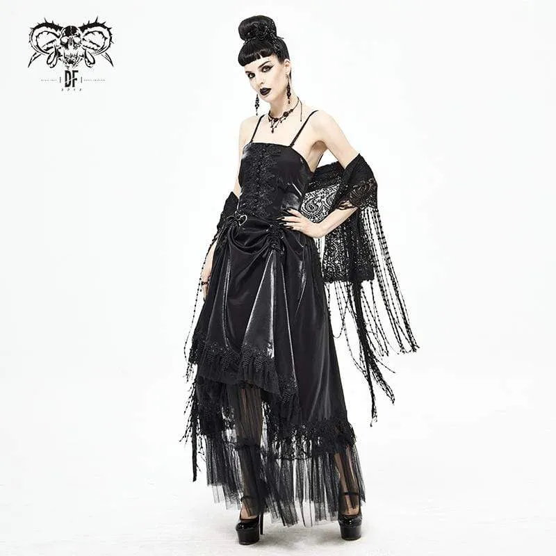 Damen Gothic Kordelzug Spitze Spleiß Schwarzes Unterkleid Brautkleid