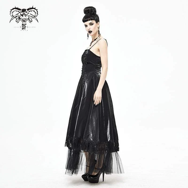 Damen Gothic Kordelzug Spitze Spleiß Schwarzes Unterkleid Brautkleid