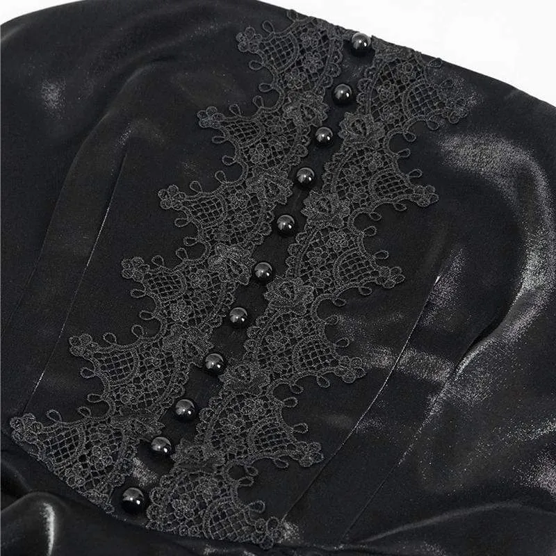 Damen Gothic Kordelzug Spitze Spleiß Schwarzes Unterkleid Brautkleid