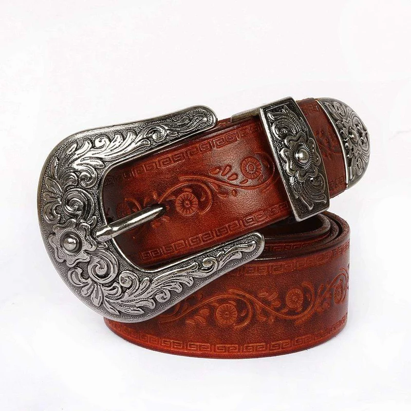 Herren Gothic Floral Carving Cowhide Long Belts