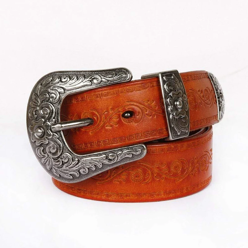 Herren Gothic Floral Carving Cowhide Long Belts
