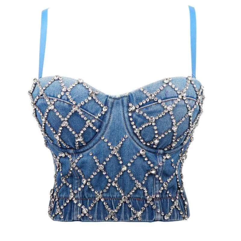 Frauen Grunge Rhomboid Perlen Denim Bustiers