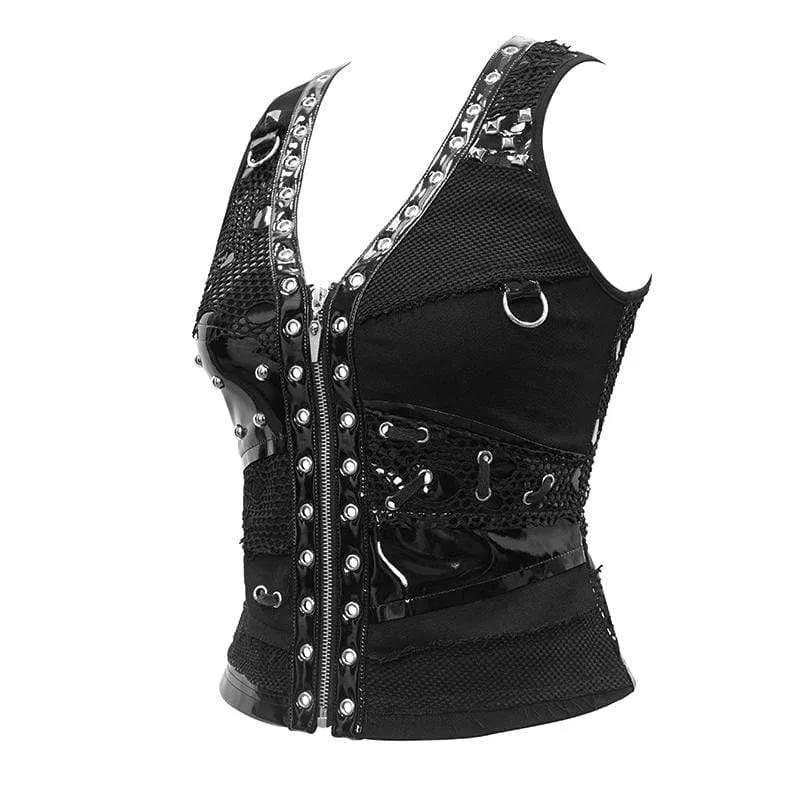 Frauen Punk Kunstleder Spleißen Mesh Westen mit Nieten