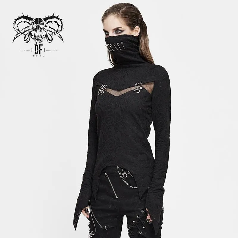 Damen Gothic High Collar Mesh Jacquard Tops