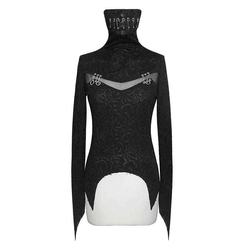Damen Gothic High Collar Mesh Jacquard Tops