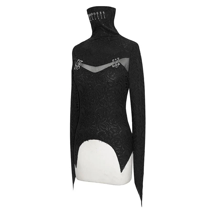 Damen Gothic High Collar Mesh Jacquard Tops