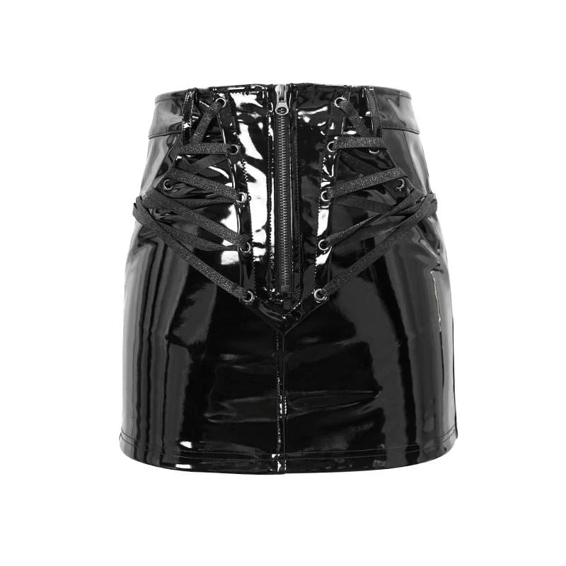 Damen Punk Front-Zip Schnür-Kunstleder Röcke