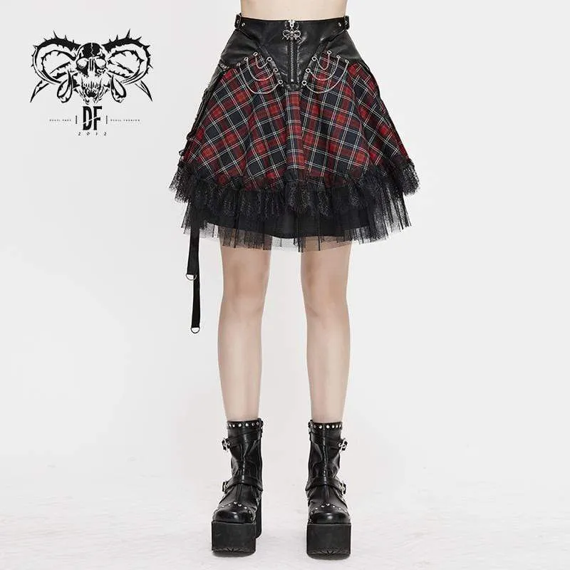 Frauen Gothic Strappy Mesh Plaid Röcke mit Ketten