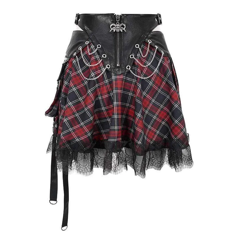Frauen Gothic Strappy Mesh Plaid Röcke mit Ketten