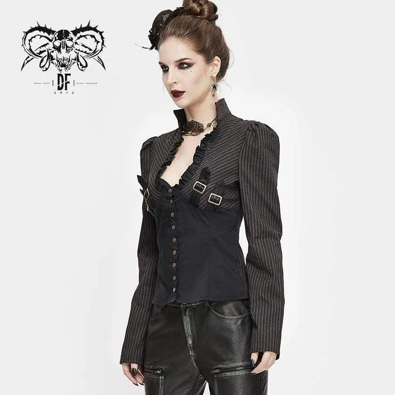 Frauen Gothic gestreiften Falbala Spleißen Kunstleder Shirts