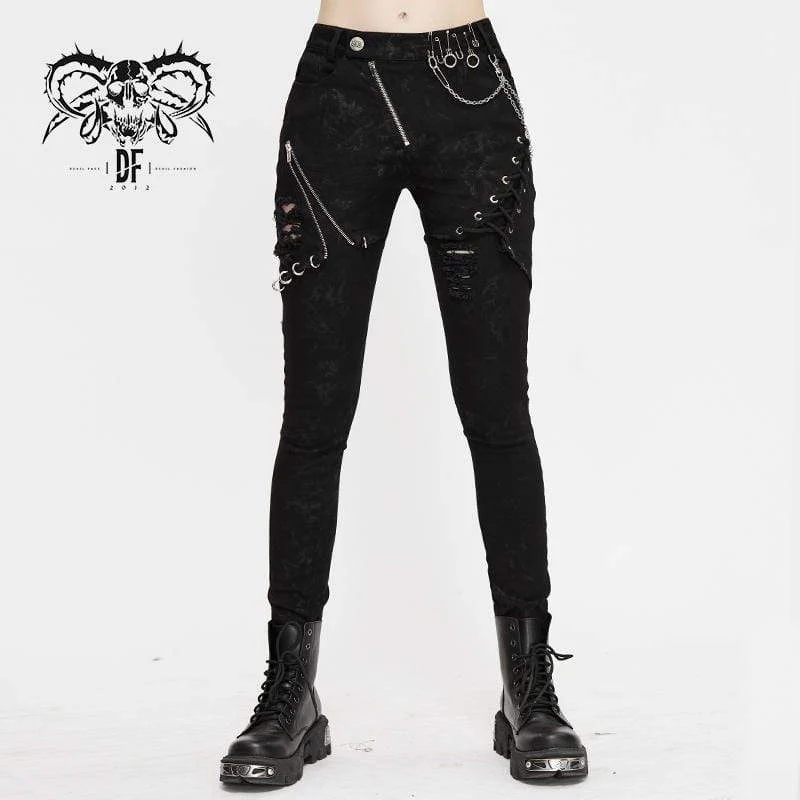 Frauen Punk Zip Strappy Chains Hosen