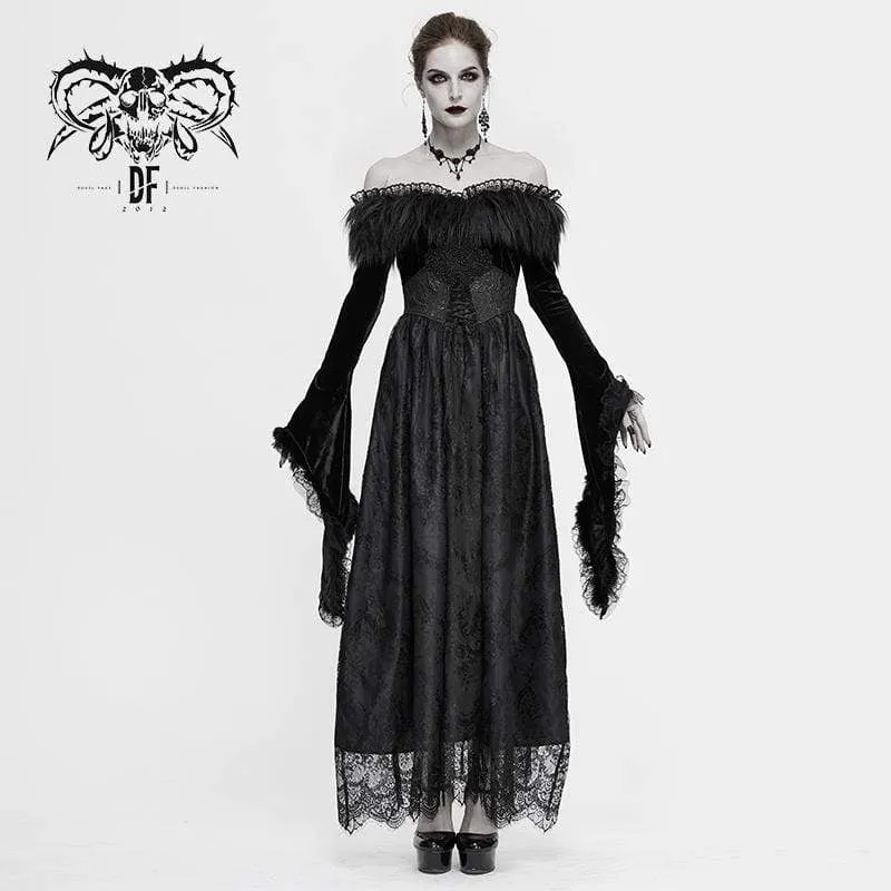Damen Gothic Kunstpelz Off-Schulter Spitzenkleider Brautkleid