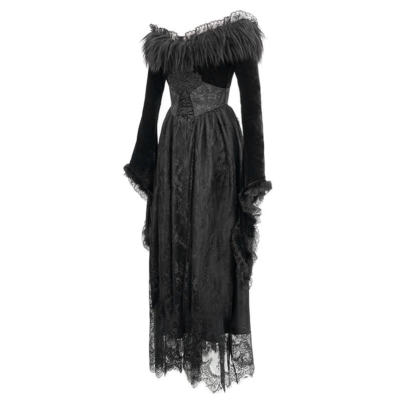Damen Gothic Kunstpelz Off-Schulter Spitzenkleider Brautkleid
