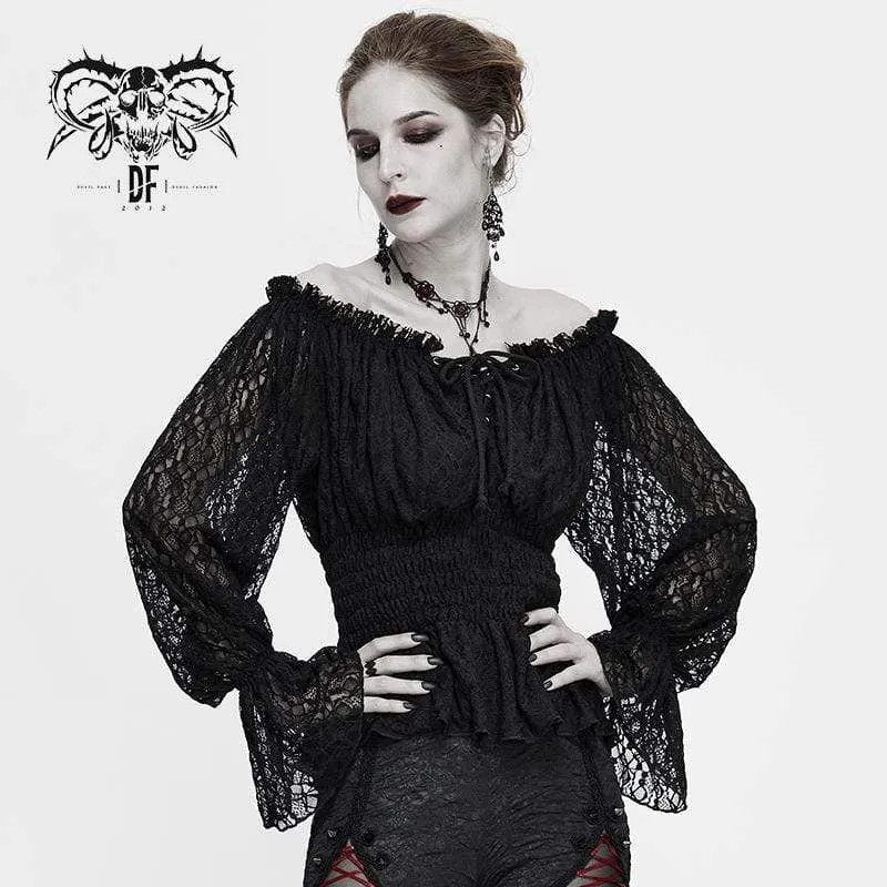 Damen Gothic Off-Shoulder Strappy Lace Sleeve Tops