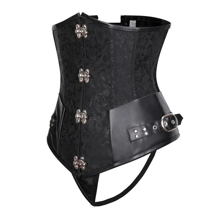 Damen Gothic Jacquard Spleißen Kunstlederketten Overbust Korsetts mit T-Rücken