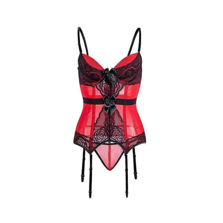 Damen Gothic Lace Splicing Mesh Slip Sheer Overbust Korsetts