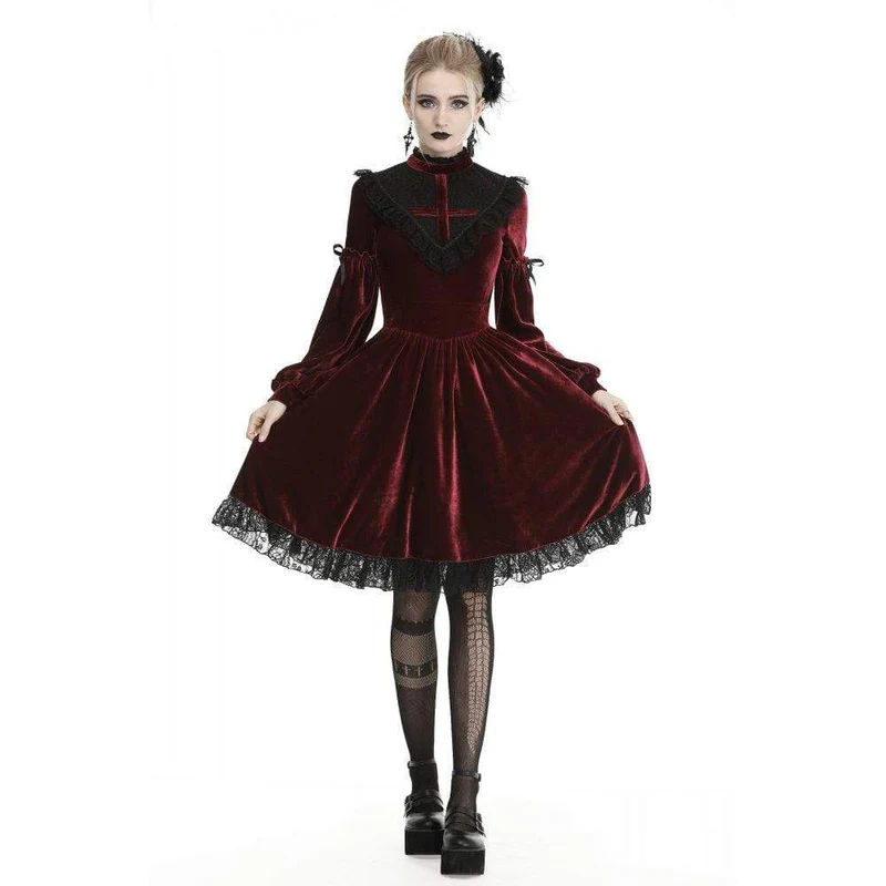Damen Vintage Spitzenkragen Velet Kleider Rot