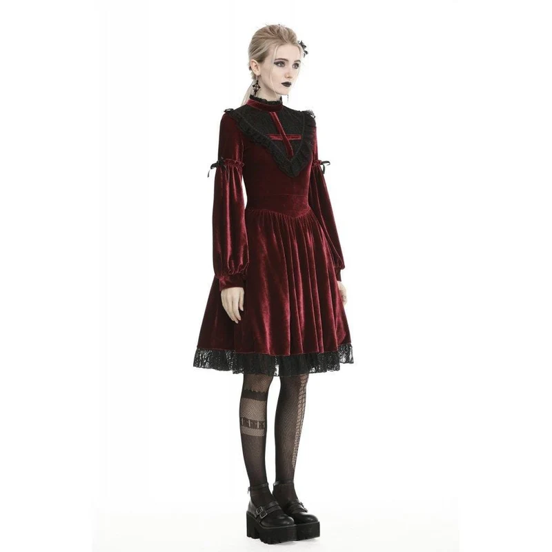 Damen Vintage Spitzenkragen Velet Kleider Rot