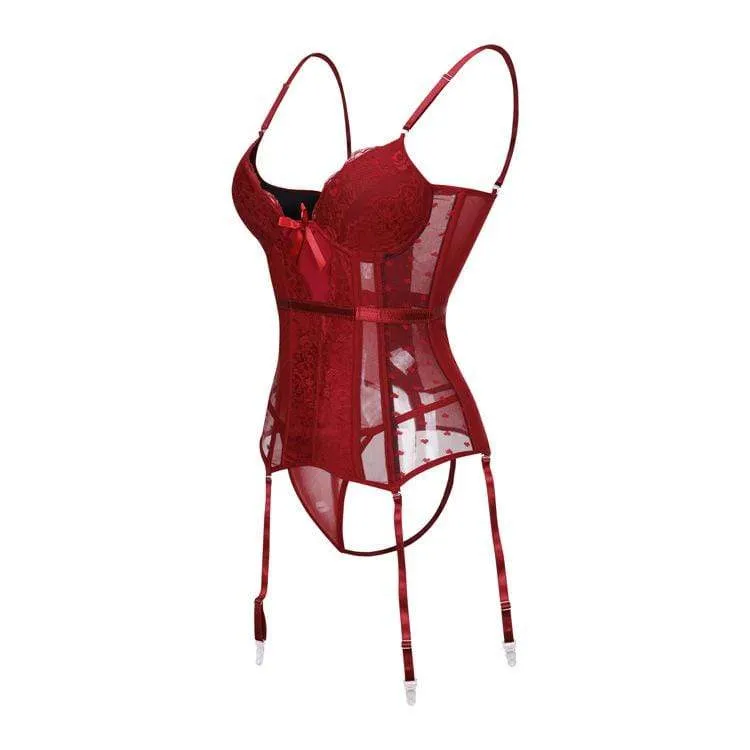Damen Gothic Dessous Spitze Sheer Overbust Korsetts mit T-Rücken