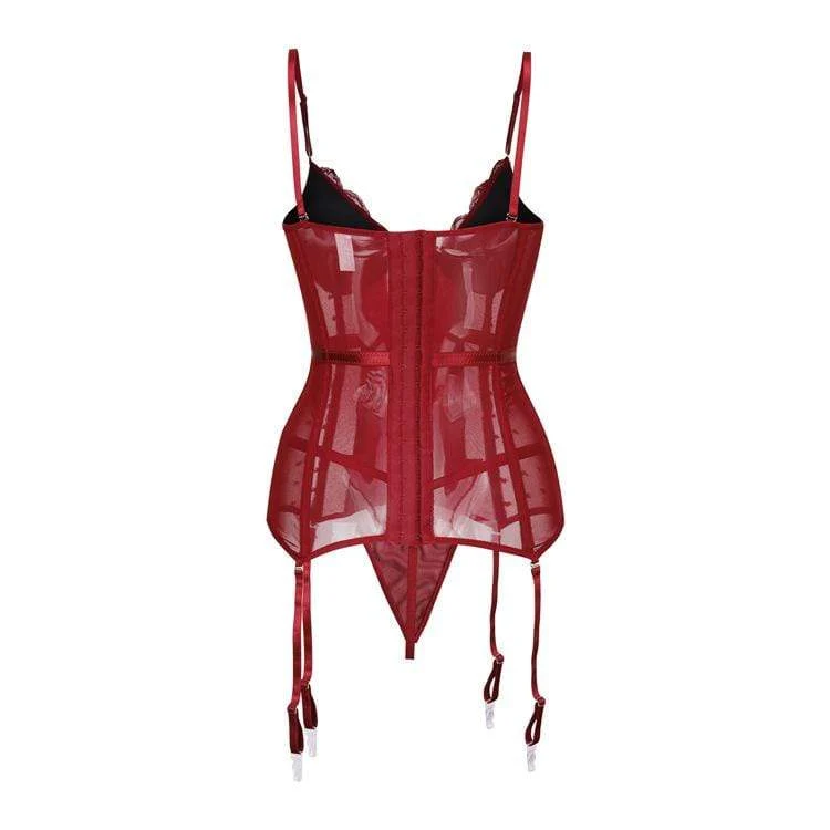 Damen Gothic Dessous Spitze Sheer Overbust Korsetts mit T-Rücken
