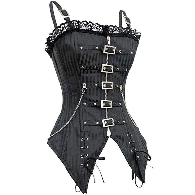 Damen Steampunk Front Zip Overbust Korsetts mit Ketten
