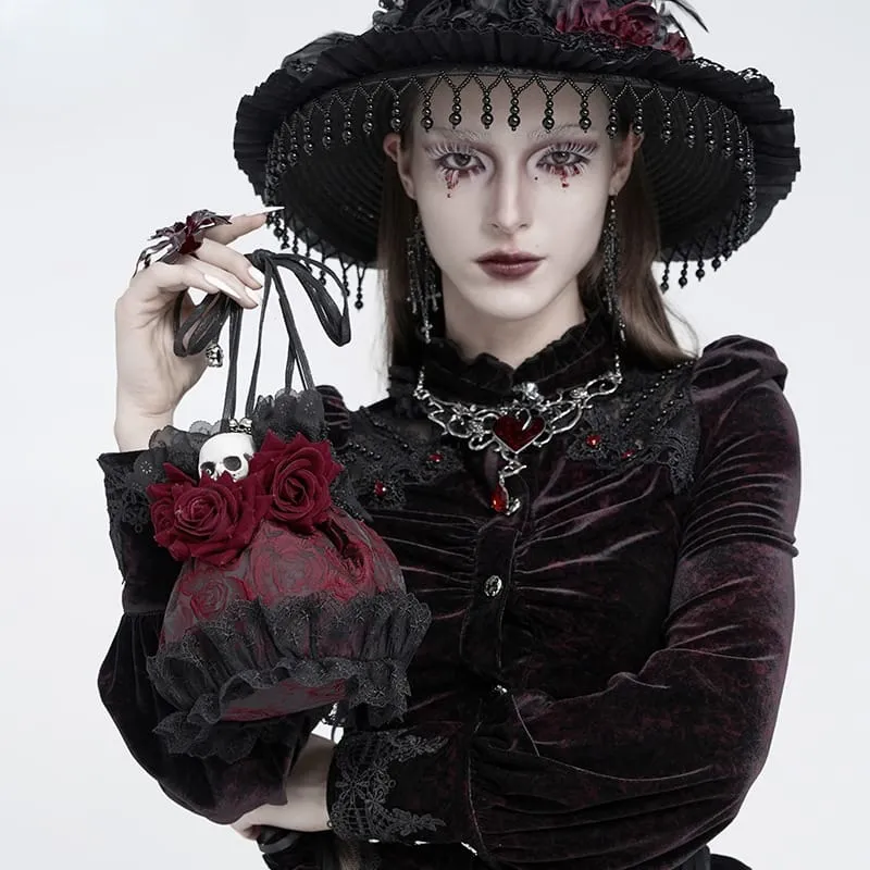 Gothic-Handtasche mit Rosen-Totenkopf-Spitzenrüschen und Kordelzug, Rot