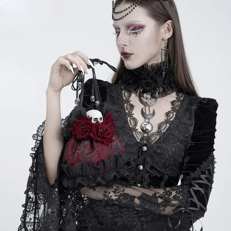 Gothic-Handtasche mit Rosen-Totenkopf-Spitzenrüschen und Kordelzug, Rot