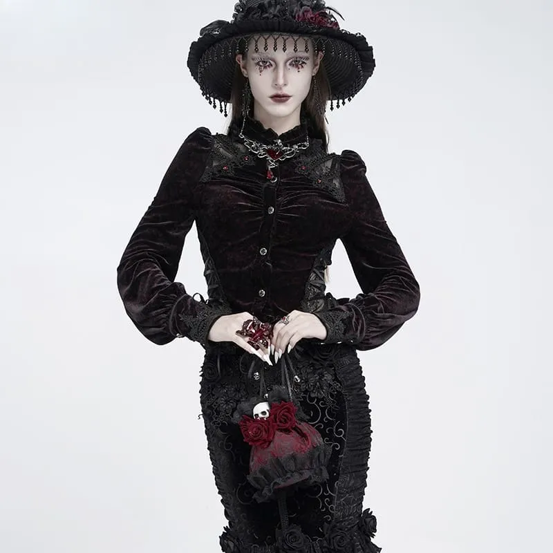 Gothic-Handtasche mit Rosen-Totenkopf-Spitzenrüschen und Kordelzug, Rot