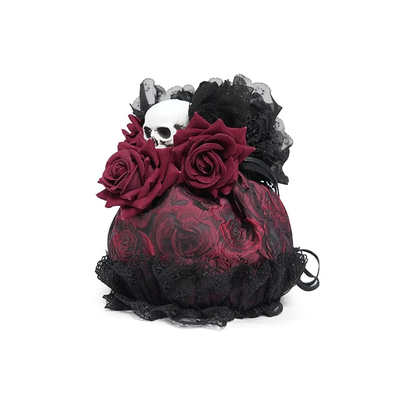Gothic-Handtasche mit Rosen-Totenkopf-Spitzenrüschen und Kordelzug, Rot