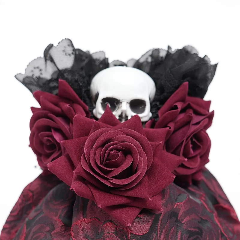 Gothic-Handtasche mit Rosen-Totenkopf-Spitzenrüschen und Kordelzug, Rot