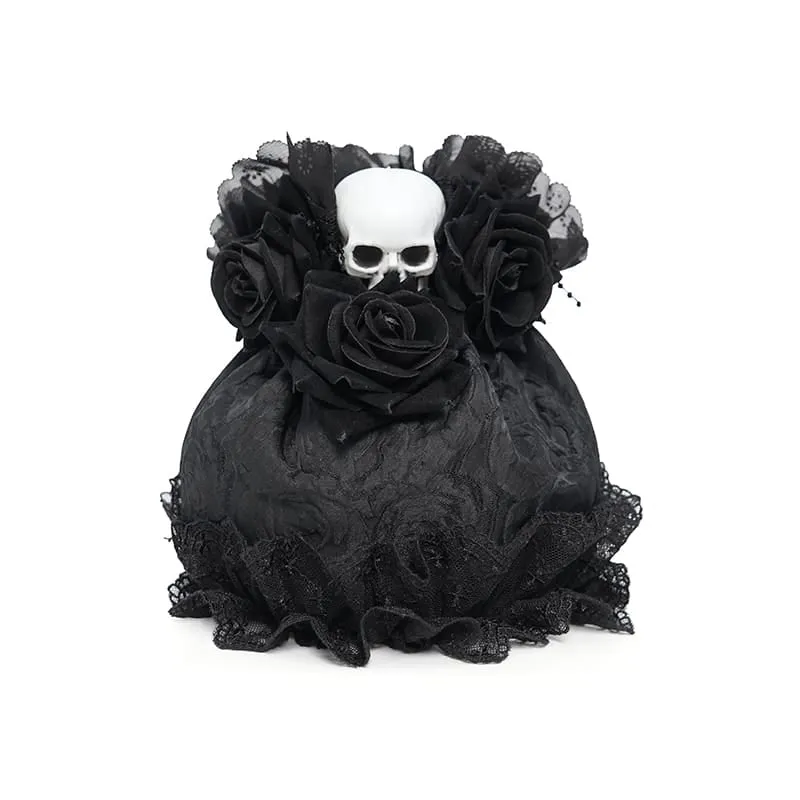 Gothic-Handtasche mit Rosen-Totenkopf-Spitzenrüschen und Kordelzug, Schwarz