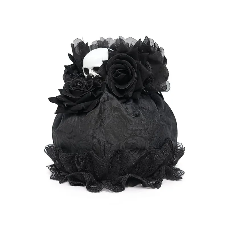 Gothic-Handtasche mit Rosen-Totenkopf-Spitzenrüschen und Kordelzug, Schwarz