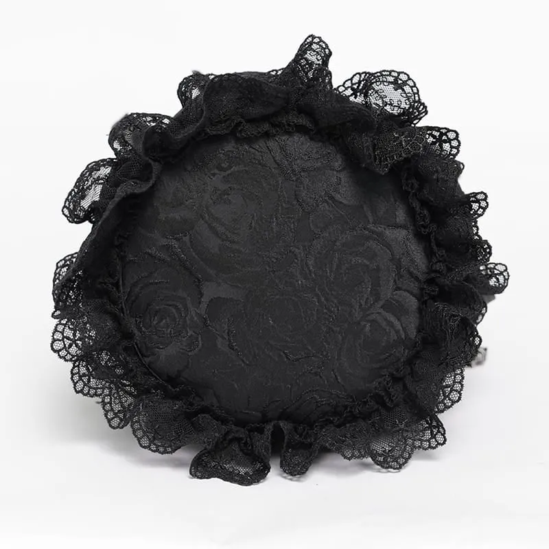 Gothic-Handtasche mit Rosen-Totenkopf-Spitzenrüschen und Kordelzug, Schwarz