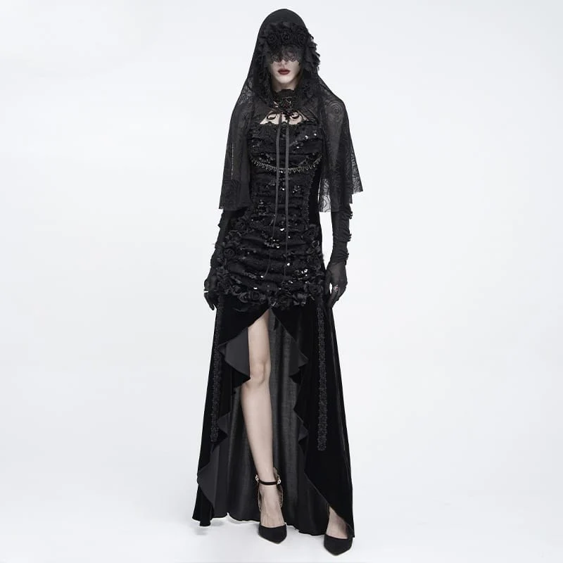 Gothic-Umhang mit Rosenmuster und Kapuze aus Netzgewebe für Damen