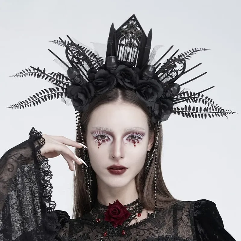 Gothic-Haarreif für Damen mit Kreuz, Rose, Perlen und Fransen