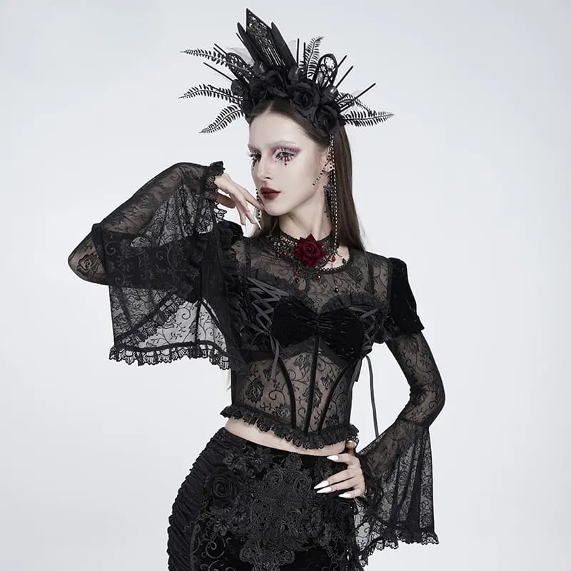 Gothic-Haarreif für Damen mit Kreuz, Rose, Perlen und Fransen