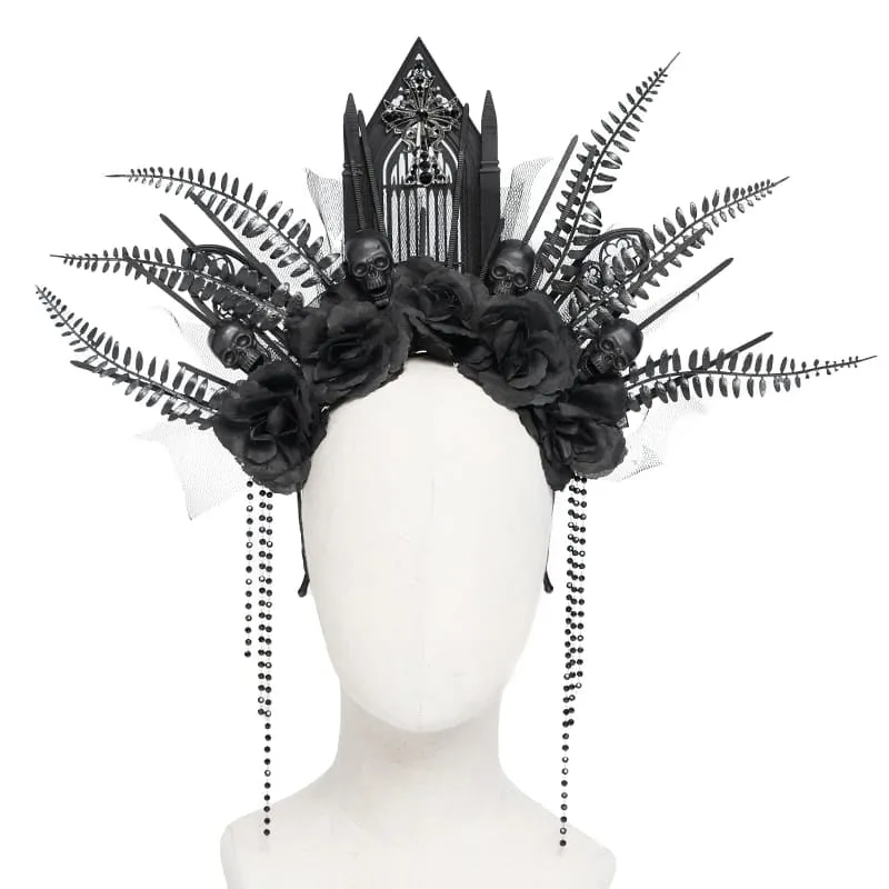 Gothic-Haarreif für Damen mit Kreuz, Rose, Perlen und Fransen