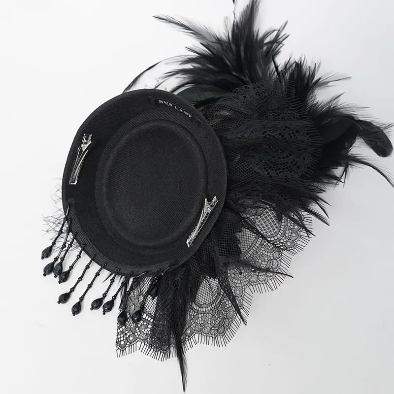 Gothic-Fascinator-Hut für Damen mit Totenkopf, Federn, Perlen und Fransen