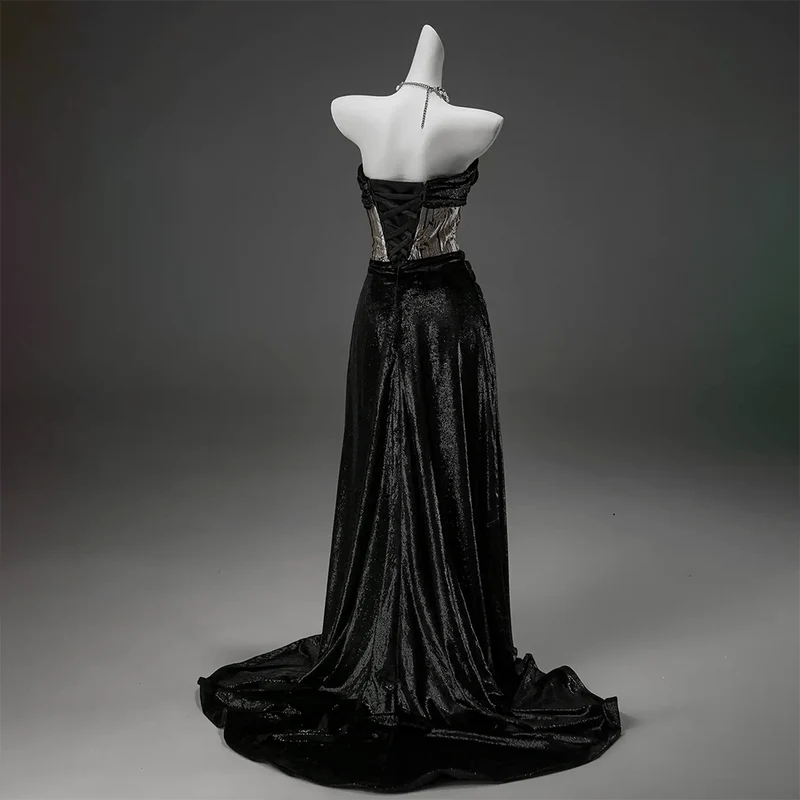 Maßgeschneidertes Vintage-Gothic-Hochzeitskleid aus Samt mit Glücksbambus-Motiv, schulterfrei und trägerlos