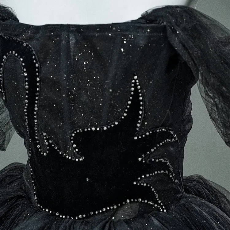 Maßgeschneidertes gotisches schwarzes Schwanen-Abendkleid mit Glitzer, mehrlagig aus Tüll, trägerlos, Hochzeitskleid