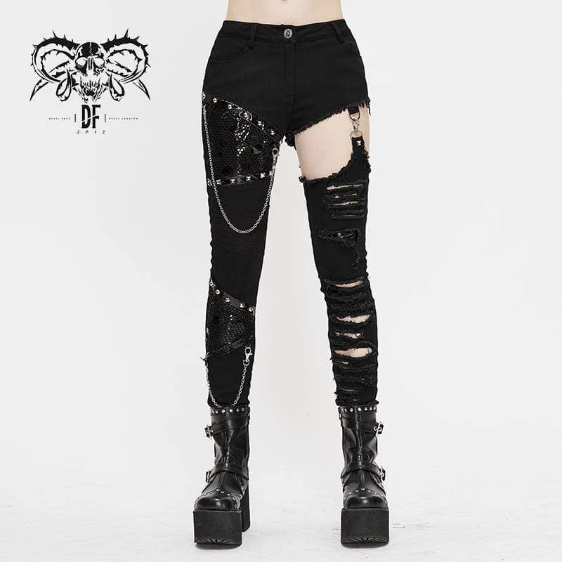 Frauen Grunge Cutout Ripped Pants mit Nieten und Ketten