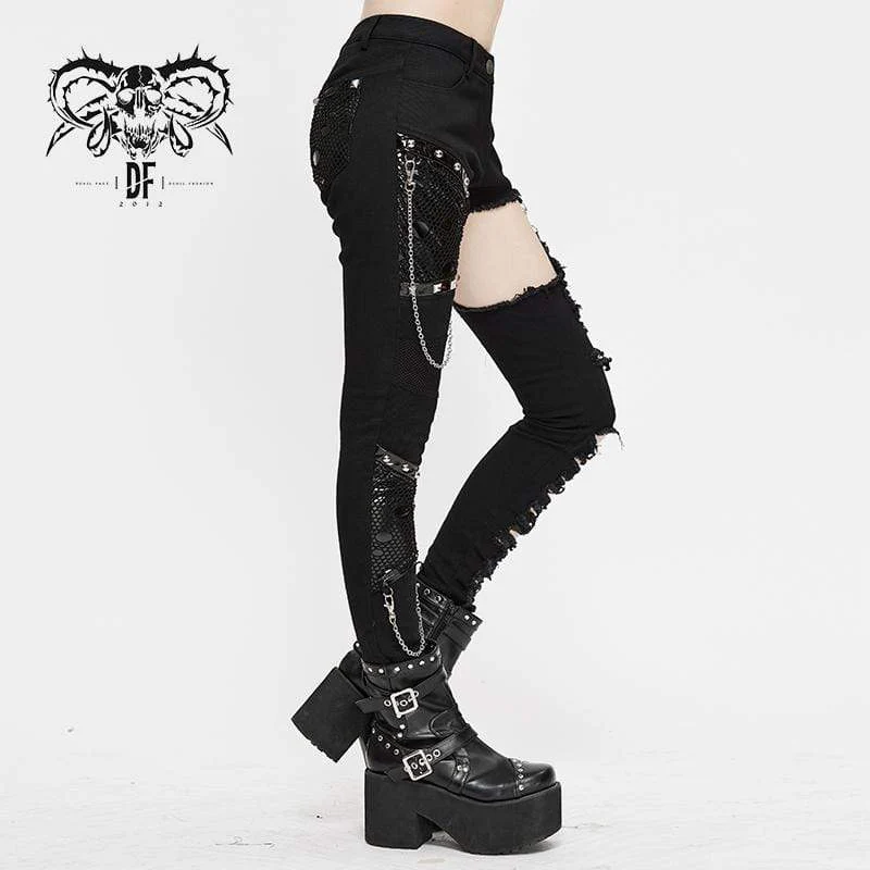 Frauen Grunge Cutout Ripped Pants mit Nieten und Ketten