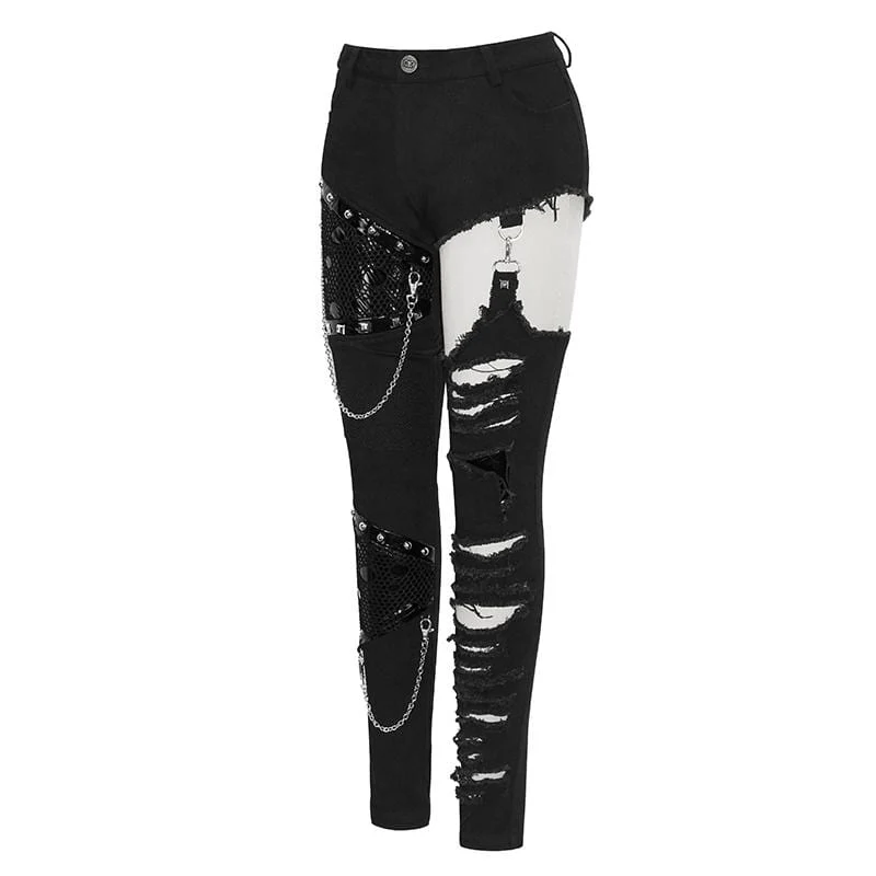 Frauen Grunge Cutout Ripped Pants mit Nieten und Ketten