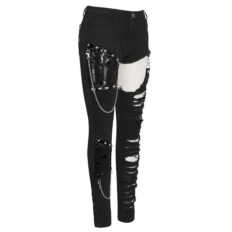 Frauen Grunge Cutout Ripped Pants mit Nieten und Ketten