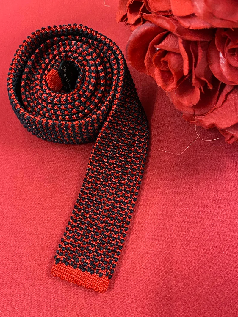 Vintage Strickkrawatte Rot Schwarz – Real Silk Gemustert Retro