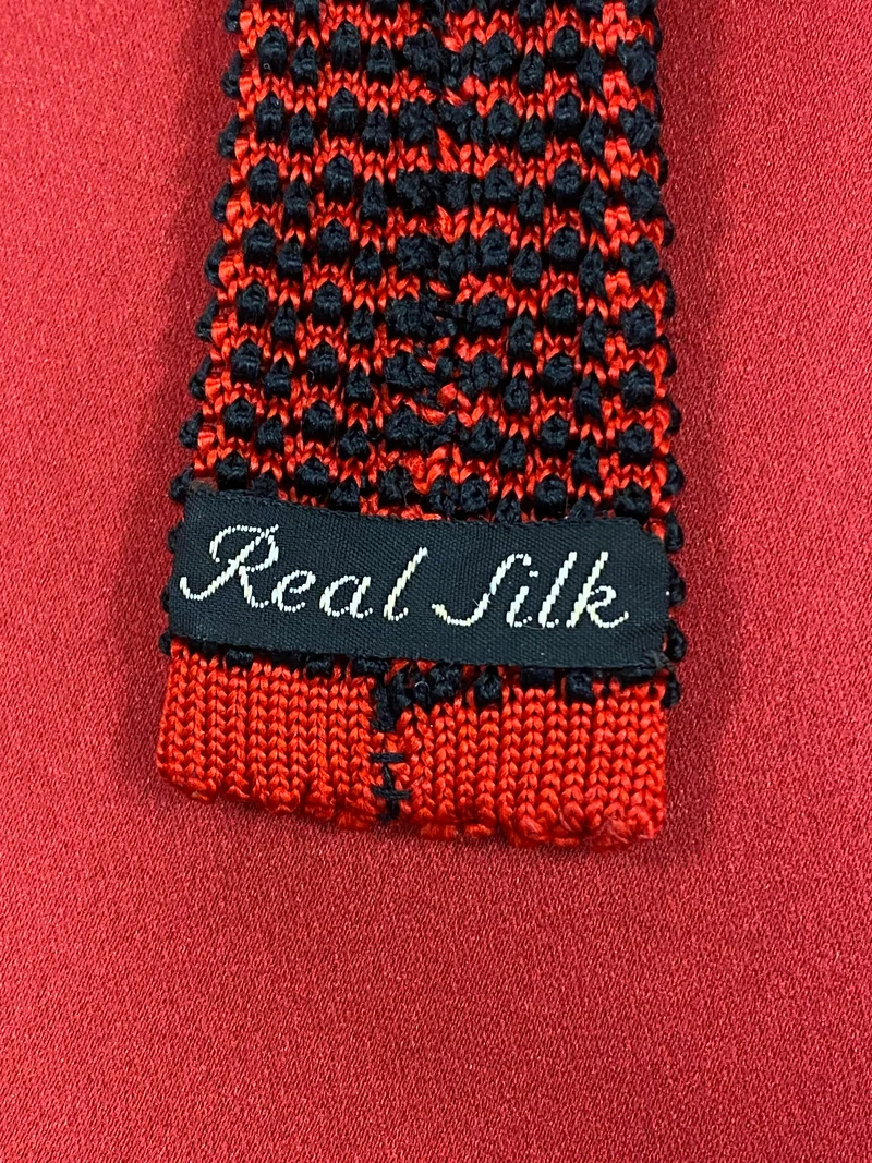 Vintage Strickkrawatte Rot Schwarz – Real Silk Gemustert Retro
