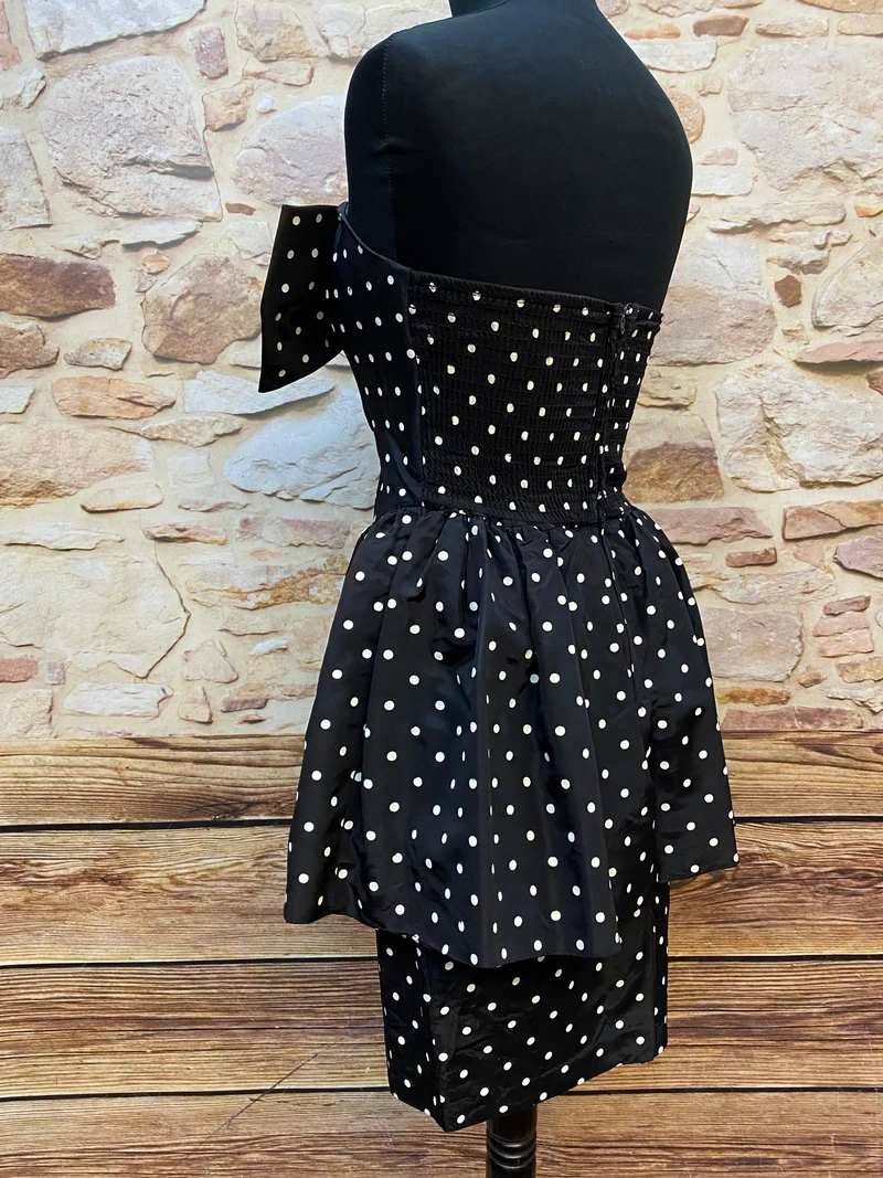 Rockabilly Kleid Schwarz Weiß Gr. 34 – gepunktetes Bandeaukleid mit großer Schleife